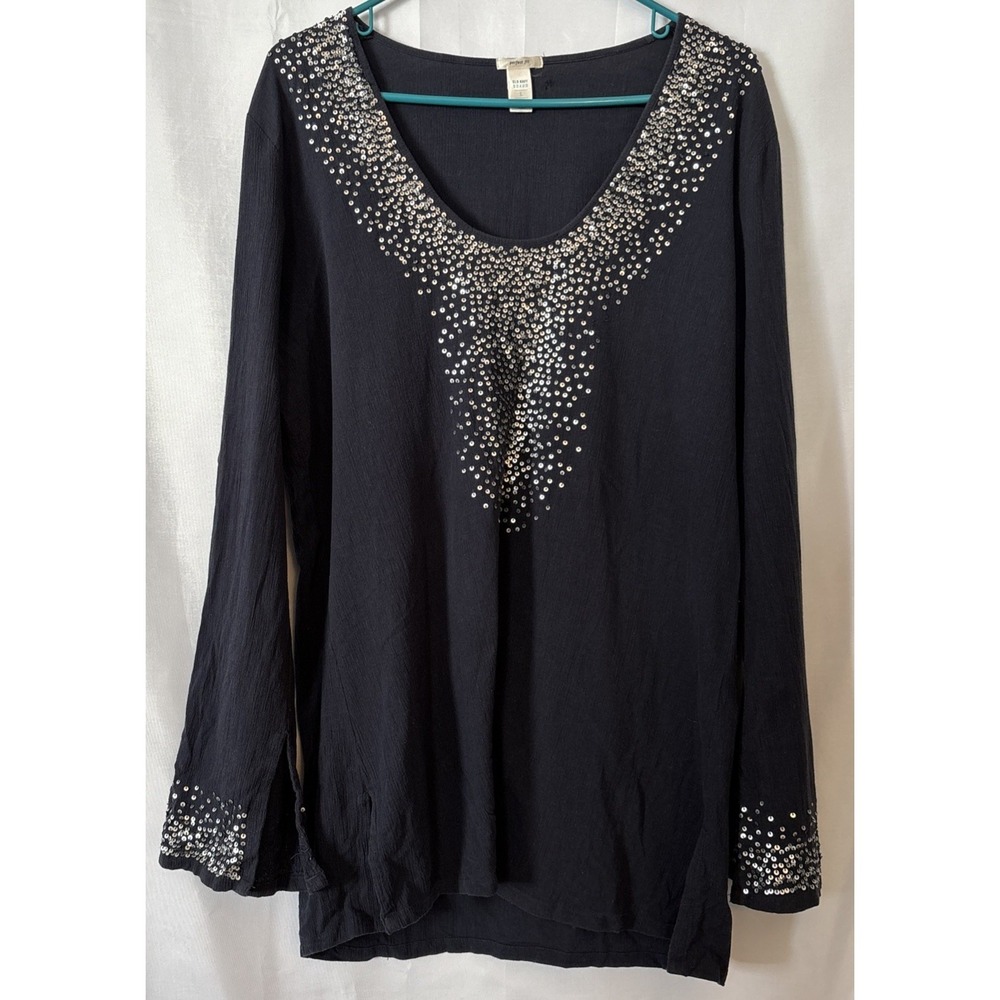 Women's Old Navy Blue Boho Crepe Tunic Top Blouse w Silver Sequins Bell Sleeve L